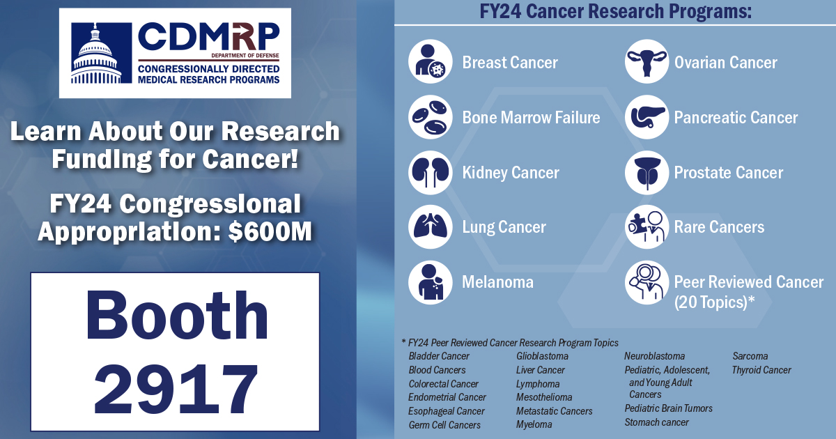 @CDMRP is excited to attend the 2024 American Association of Cancer Researchers meeting. Come by our booth to learn more about CDMRP funding opportunities. #cancerresearch #military #funding #cancer