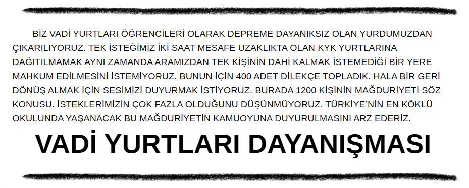 İTÜ Vadi Yurtları'nın güçlendirme amaçlı boşaltılması kararının ardından İTÜ hala bir açıklama yapmadı. Kaderi belirsiz yurt öğrencileri dilekçe toplayarak seslerini duyurmaya çalışıyor. Öğrencileri mağdur etmeden bu süreci yönetin, derhal açıklama yapın @itu1773 !