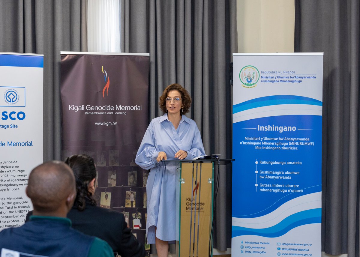 Minister @Unity_MemoryRw Dr. Bizimana and @UNESCO Director General Audrey Azoulay unveiled a World Heritage Site plaque at @KigaliMemorial. This follows the inscription of four Genocide memorials on the UNESCO World Heritage List, highlighting the need for global protection.