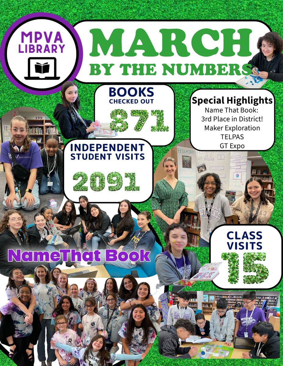 MPVALibraryLady's tweet image. Feeling lucky to have such a happening library! Check out our March stats! @HISDLibraryServ @MeyerlandMS @MPVAPTO #makerspace #research #digitalresources #crosscurricular #booksbooksbooks #librariesinschools