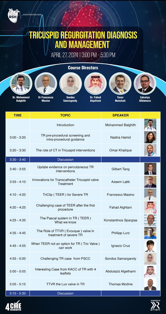 *️⃣A Great webinar under RSH 
*️⃣TR diagnosis and management 
*️⃣Will be held on Saturday April 27- 2024 ➡️ online ➡️International expertise in this field 
Will discuss the Diagnosis ➡️( imaging )
(Management)➡️ TEER &TTVR 
Join us ➡️4-CME
كورس افتراضي على تشخيص وعلاج الصمام الثلاثي…