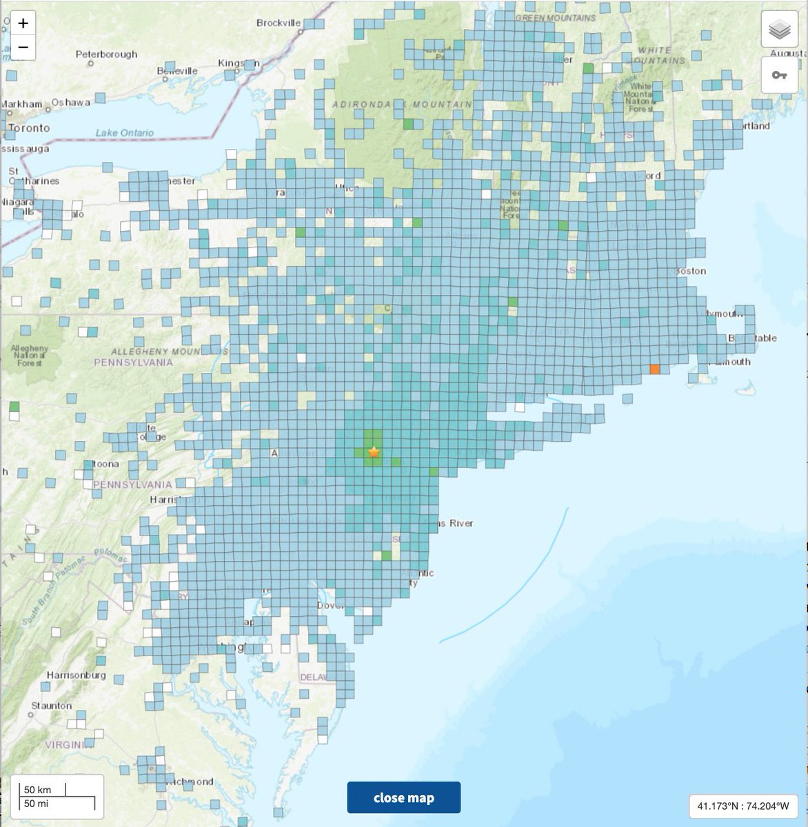 A quick comparison of the USGS DYFI reports for today's New Jersey mag 4.8 with yesterday's N. California mag 4.4. Same exact map scale. Besides the obvious difference in population density, notice the difference in felt area!