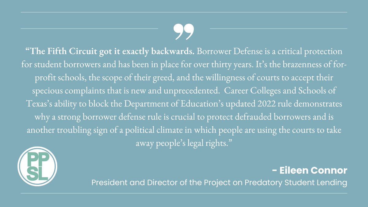 The latest 5th Circuit ruling maintaining the #borrowerdefense injunction is an extremely troubling sign of how we are going backwards when it comes to borrowers' legal rights.

Read @ei_conn's statement: ppsl.org/news/statement…