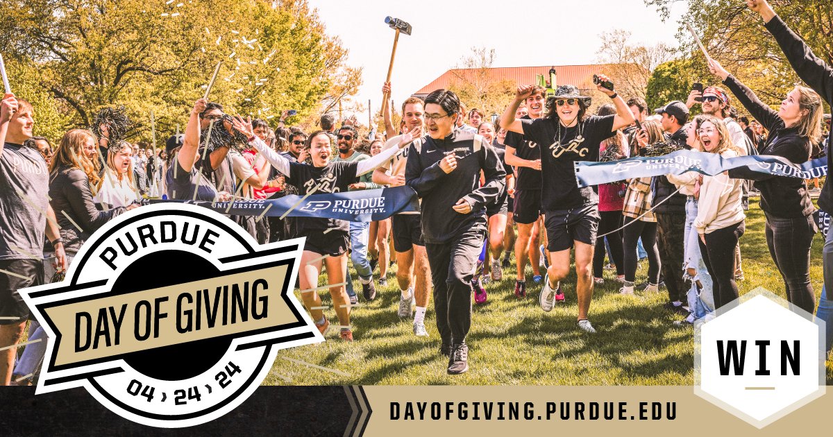 Help your favorite campus unit win #PurdueDayofGiving bonus funds! Participate in photo- and video-sharing challenges before April 24 or through 30 different hourly challenges on the day! Visit purdue.university/dayofgiving to see our challenge list.