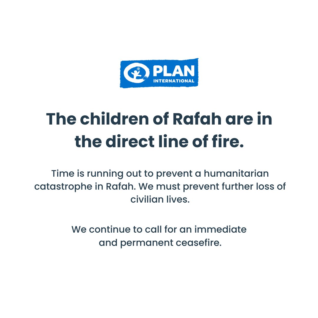Time is running out to protect civilians in #Rafah. @PlanGlobal calls for an unconditional, permanent and immediate ceasefire to stop atrocity crimes against civilians, many of them children. Read our full statement here: bit.ly/4adROEh