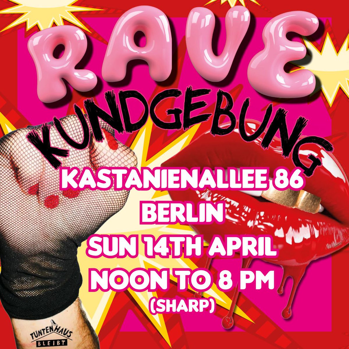 Die Zeit rennt! – Wir haben nur noch 4 Wochen!
Auf die Straße gegen Verdrängung, für den Erhalt eines queeren Berlins!
Rave-Kundgebung für und mit dem Tuntenhaus! Unterstützt unsere Forderung an den Berliner Senat!
Mit Redebeiträgen, Performances und DJs #b0504 #tuntenhausbleibt
