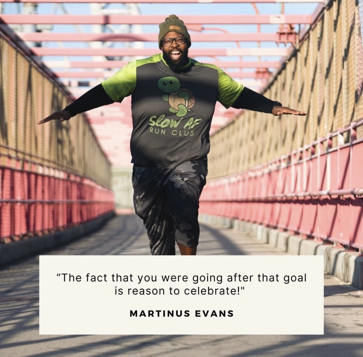 “A goal is only part of the journey, it’s not the journey itself. We are all going to have goals that we’re dead set on completing—only to fall flat.” ❤️

—<a href="/300lbsandrunnin/">Martinus Evans</a>, SLOW AF RUN CLUB