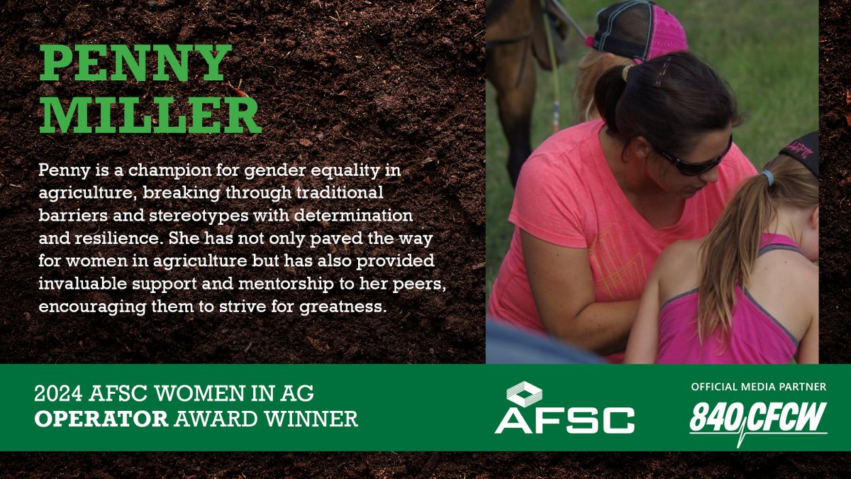 Women in Ag Award-Winner Spotlight: Penny Miller is a champion for gender equality in agriculture, breaking through barriers & stereotypes. Catch her today on the @840CFCW Alberta Ag Show for Rural Connection with Cheryl Brooks. Full bio here: bit.ly/49WvEq1 #ABag