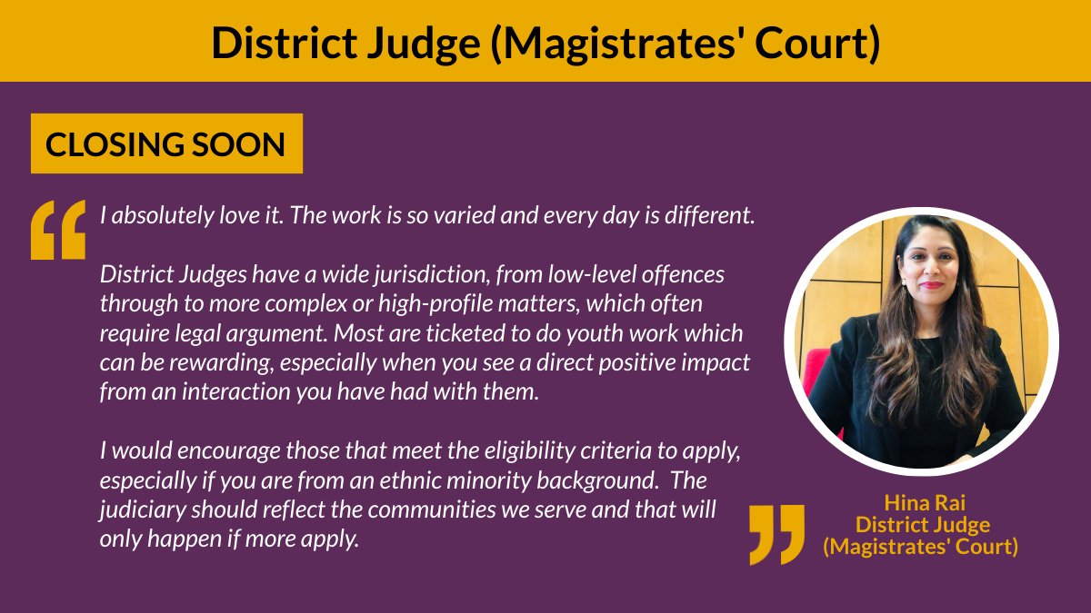 🚨📢APPLICATIONS CLOSING SOON on Tues 9 April at 1pm – District Judge (Magistrates’ Courts). Vacancies across England & Wales. ➡️Read about the role from District Judge (Magistrates' Court) Hina Rai:👉bit.ly/DJMC-H-Rai ➡️More info & apply here:👉bit.ly/JAC-DJMC