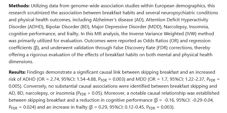 'Findings demonstrate a significant causal link between skipping breakfast and an increased risk of ADHD' pubmed.ncbi.nlm.nih.gov/38566068/ Has Mendelian Randomization gone too far? Is this a valid application of the method @MarcusMunafo 🤔