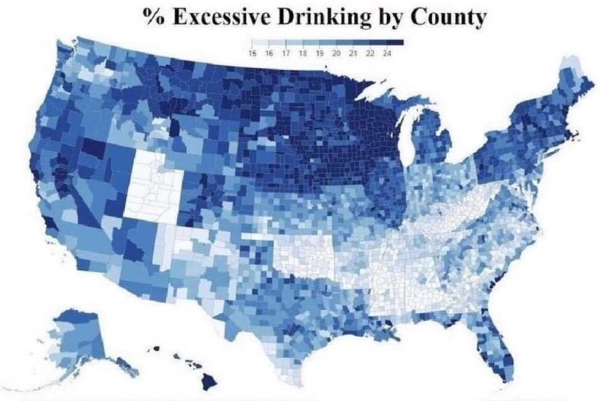 Notice how every county in Wisconsin is the darkest blue except for what appears to be one that's white. That's not a county...it's a lake! X3 Wisconsin: Outdrinking Your State Since 1848