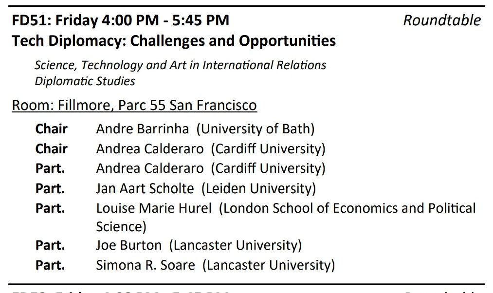 Day 3 at #ISA2024: looking forward to our roundtable reflecting on the multiple dimensions of #TechDiplomacy w/ @a_barrinha Jan Aart Scholte @DrJoeBurton @Simona_Soare @LouMarieHSD