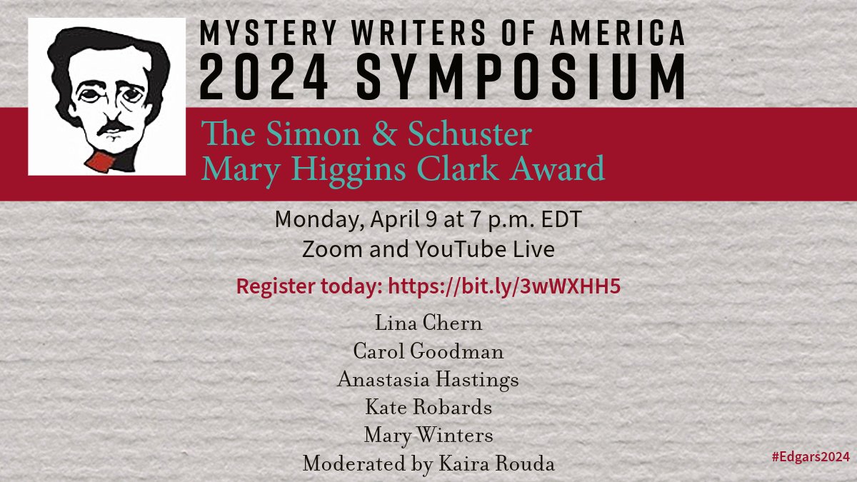 Join me Tuesday, April 9 for a panel discussion featuring my fellow Mary Higgins Clark Award nominees @ChernLina, @C_Goodmania, @marypensmystery, and @CaseyDanielsBks. #Edgars2024 Register: bit.ly/3wWXHH5