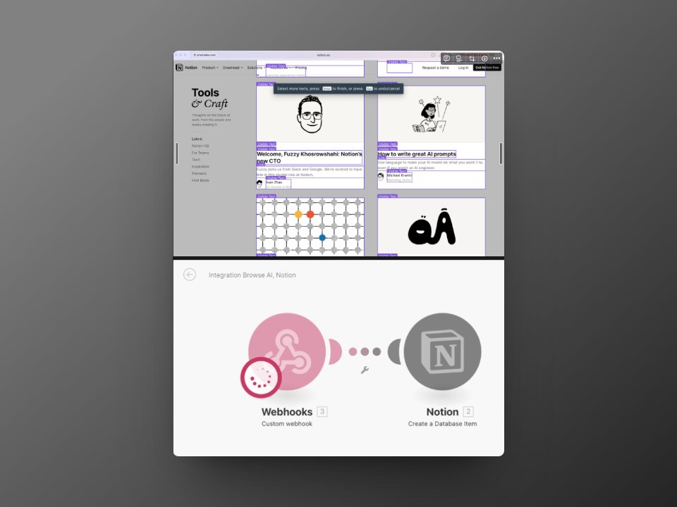 Day 5 of #100DaysOfNoCode
I learned how to extract data from web pages with the help of <a href="/BrowseAI/">Browse AI</a> 🤖. Specifically, I scraped some data from the <a href="/NotionHQ/">Notion</a>  Blog and experimented with Make and Webhooks to transfer the blog post information to a Notion database. 
Very useful!
