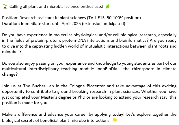 mb_bucherlab's tweet photo. Please RT. If interested in applying, DM or email me. @ceplas_1, @UniCologne https://t.co/kIPDXTPoen