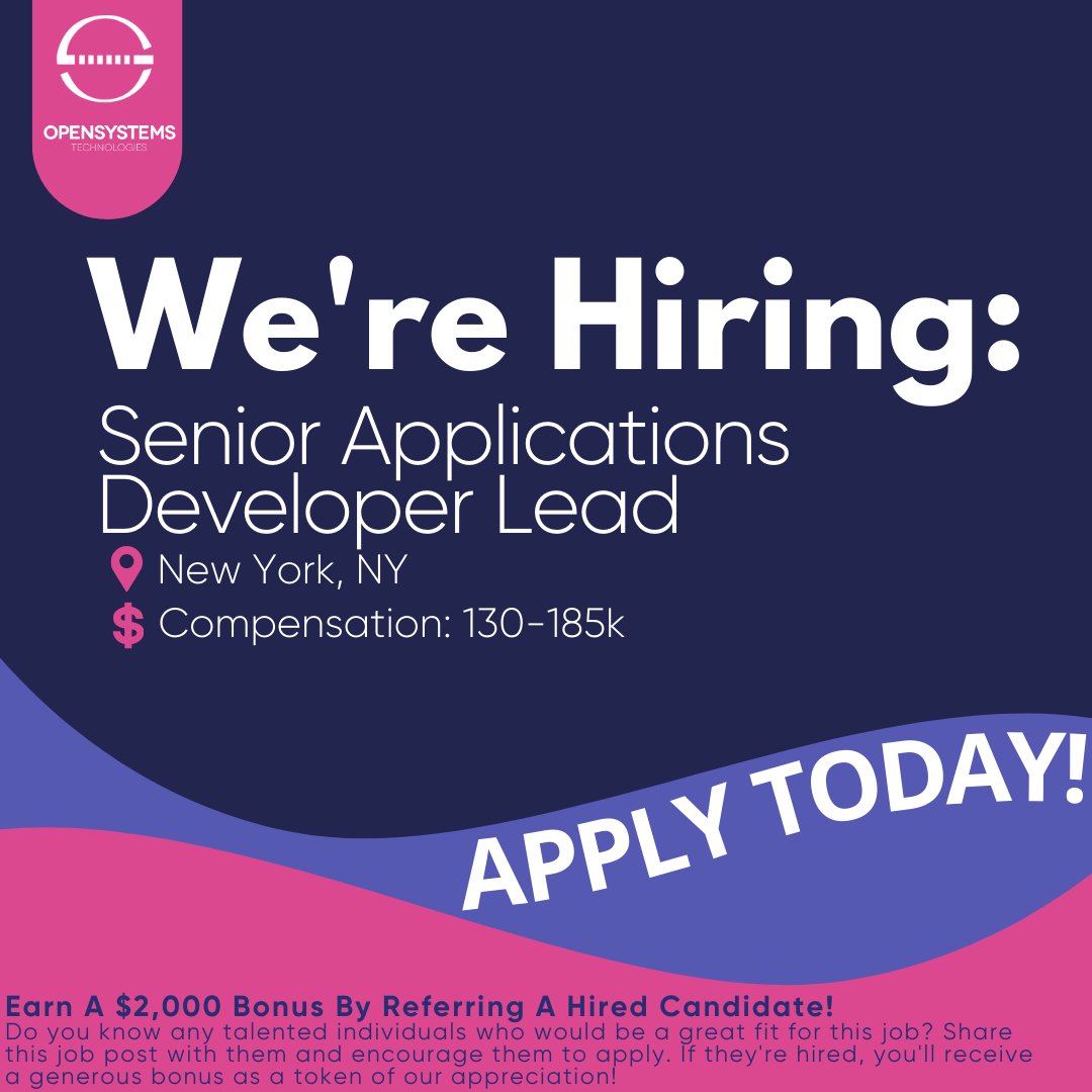 OpenSystemsTech's tweet image. #hiring: A leading international law firm in New York is on the hunt for a Senior Applications Developer Lead! With a salary range of $130-185k. For more details: 🔗 lnkd.in/gSe6tpbE
#SeniorDeveloper #ApplicationsDeveloper