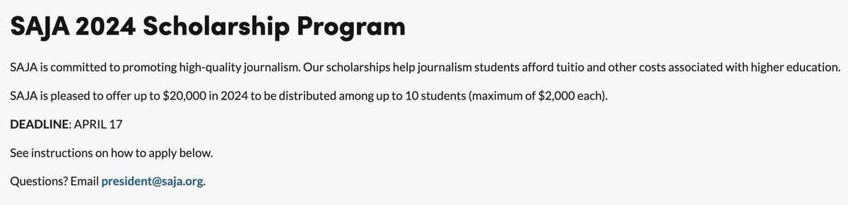 Apply now for the @sajahq's scholarship! I was fortunate to receive this scholarship to pursue my Master's degree at @nyu_journalism. Deadline: April 17th saja.org/scholarships