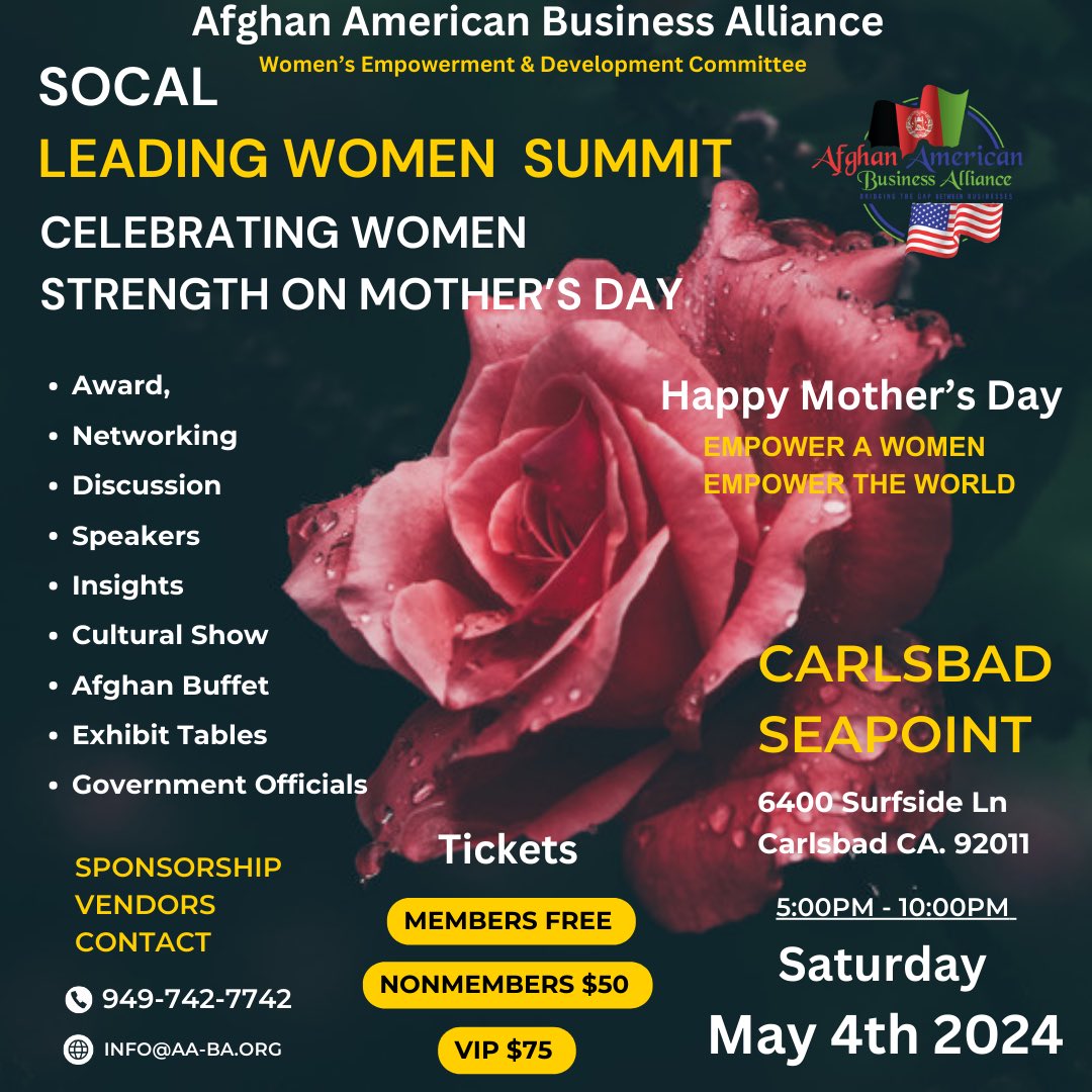 AABAUSA's tweet photo. On May 4, 2024, the Afghan American Business Alliance is hosting the SoCal Leading Women Summit at the breathtaking Carlsbad Seapoint Resort, where hundreds of influential women from Southern California will converge for an evening of empowerment, networking, and celebration. https://t.co/2L6nq8WRmV