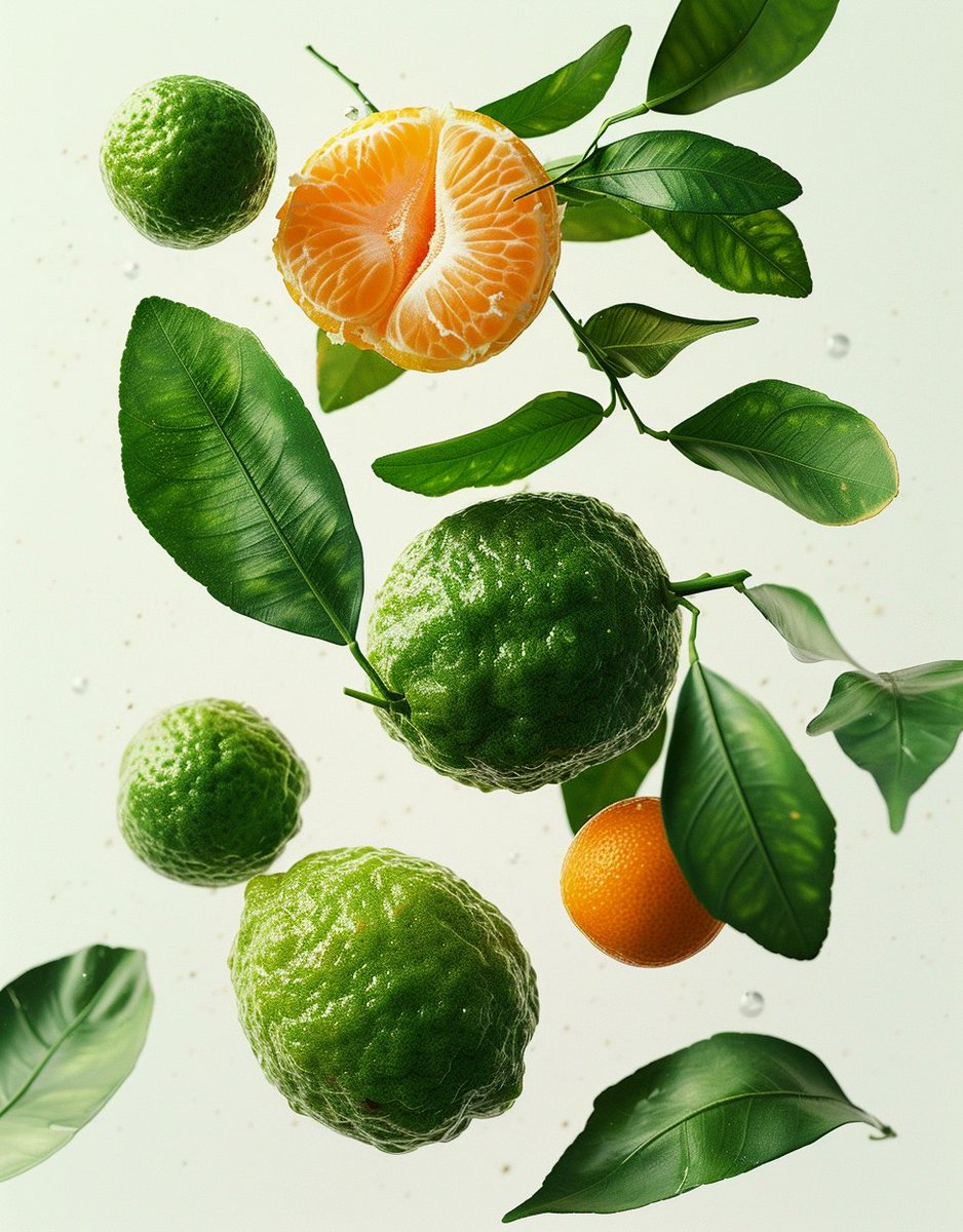 Editorial ingredient shot w/Midjourney🍊 PROMPT: A vertical alignment of three citrus fruits with accompanying leaves. A stark white backdrop that enhances the vivid colours of the subjects. Water droplets on the leaves to convey freshness, and the gradation of ripeness from