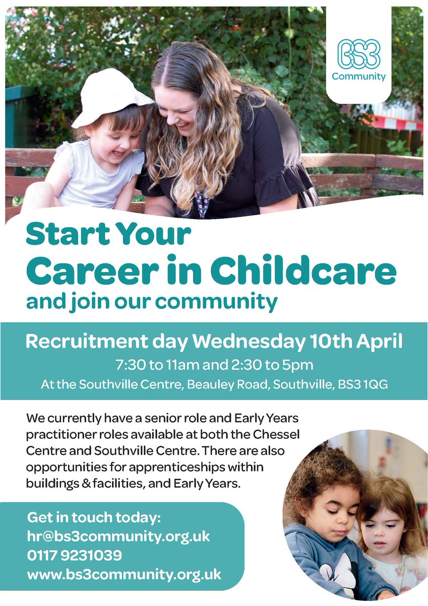 Start your career in childcare, and join our community! We are having a recruitment day on Wednesday 10th April, 7.30 to 11am and 2.30 to 5pm at The Southville Centre, Beauley Road Come along and find out more, you will be very welcome! bs3community.org.uk/about/vacancie…