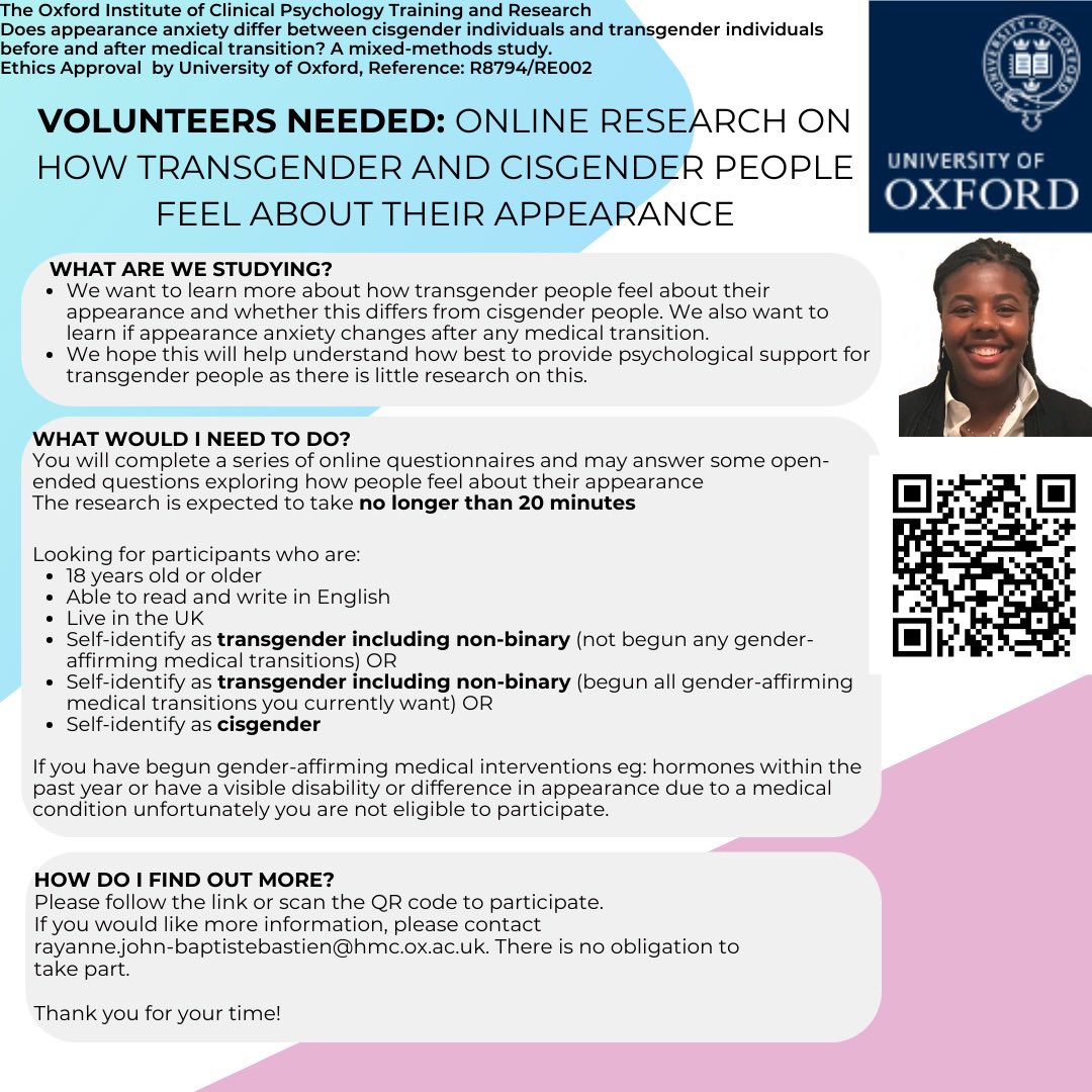 Rayanne John-Baptiste Bastien (@rayannejbb_mh) on Twitter photo Please share: looking to hear from trans and non binary people who have begun gender affirming medical interventions! 🏳️⚧️🏳️🌈
To participate: psychiatryoxford.qualtrics.com/jfe/form/SV_dg…
The 20 minute online study may help researchers learn more about providing psychological support for trans people. Please share: looking to hear from trans and non binary people who have begun gender affirming medical interventions! 🏳️⚧️🏳️🌈
To participate: psychiatryoxford.qualtrics.com/jfe/form/SV_dg…
The 20 minute online study may help researchers learn more about providing psychological support for trans people.
