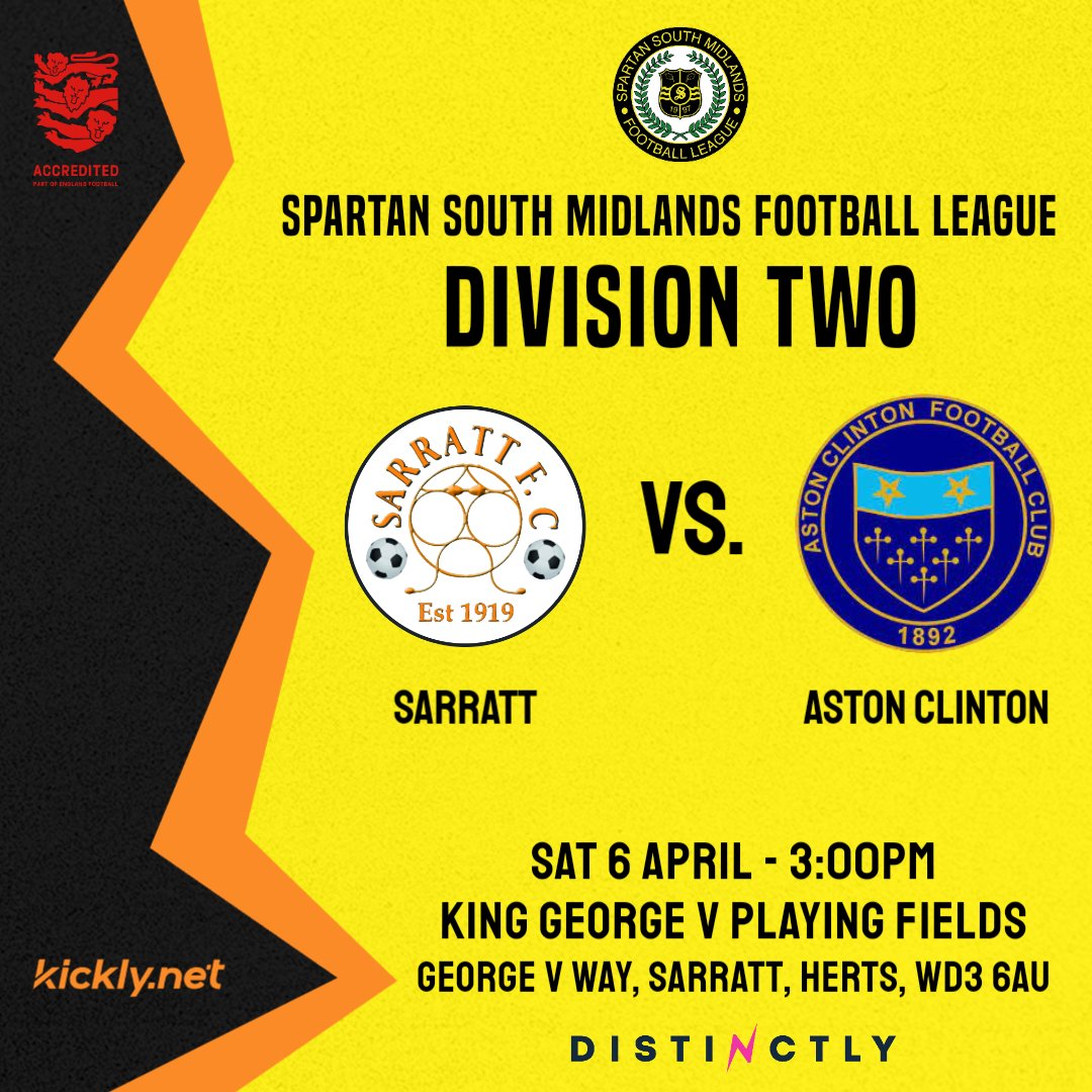 ⚽ 𝗡𝗘𝗫𝗧 𝗨𝗣: 𝗔𝘀𝘁𝗼𝗻 𝗖𝗹𝗶𝗻𝘁𝗼𝗻 (𝗛) We welcome @AstonClintonFC to King George tomorrow afternoon! #SarrattFC 🟨⬛