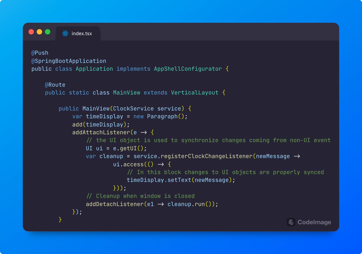 vaadin's tweet image. 👀 Why should async communication be hard?  @Vaadin has it down to 3 steps: Push annotation, AppShellConfigurator implementation, and update UI. No complex setup, just real-time updates. 
💻 Check out this gist for more details
bit.ly/4cNJsVq
 #Vaadin #Java #WebSockets
