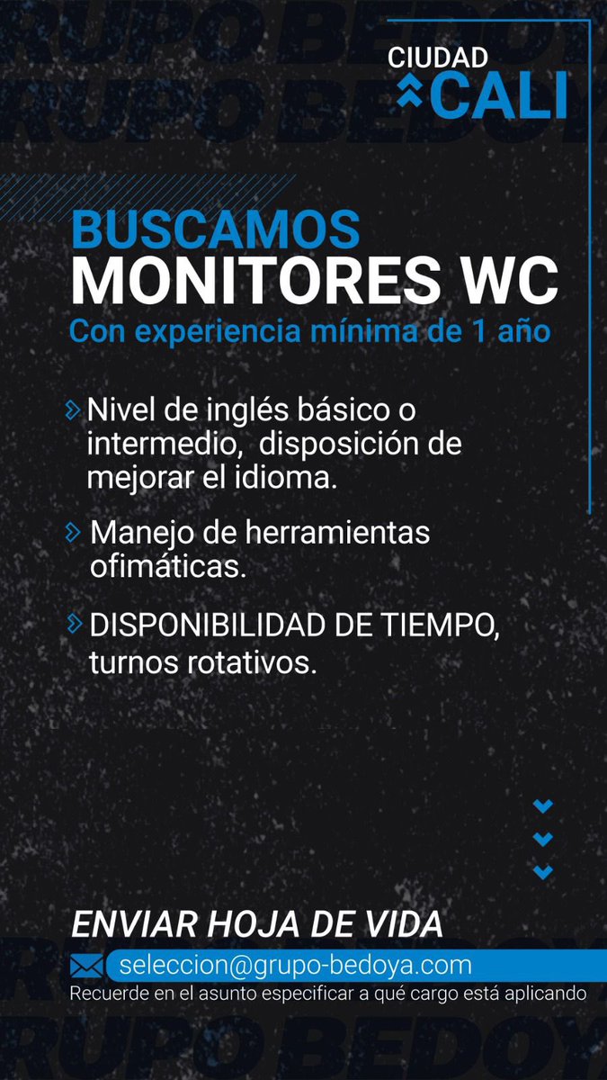 📣Atención Cali, estamos en la búsqueda de monitor, si cumples con los requisitos de la vacante, envíanos tu hoja de vida.

#trabajosíhay #trabajaconnosotros