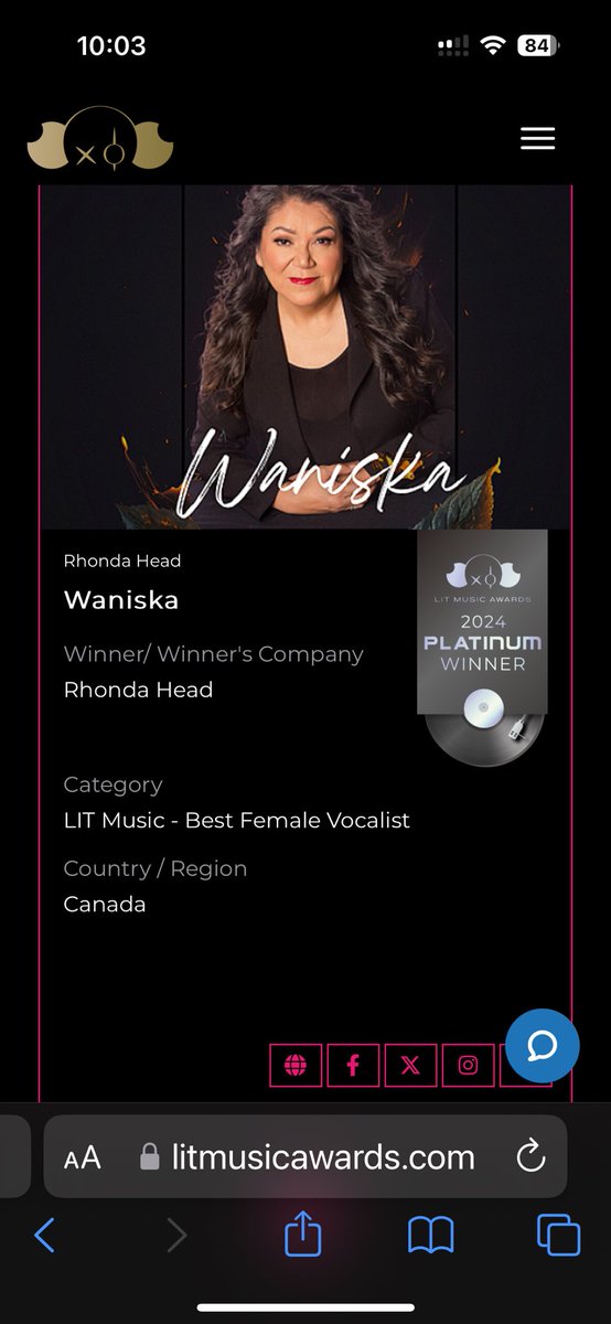 Oh my goodness… I just won two Platinum Awards at the LIT Music Awards!! #Waniska #music #passion #femalevocalist #inspirational #twenty #woohoo #platinum #internationalmusicaward 

I m speechless thank you so much!!