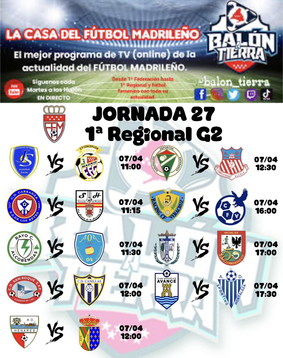 1ªRegional G2: @JuventudSanse @efconcepcion B @ClubDepCarranza @LosSantosCF2017 @RayoAlcobendas @alcobendas04 @cdsanroqueeff @CDCanillas B @ADHenares @EMFCDCobena @ADEsperanza1978 @ADComplutense @RacingVeracruz @CFValdebebas @CdDaganzo @ADAlcobendas @cdavance @SportingDeHorta B