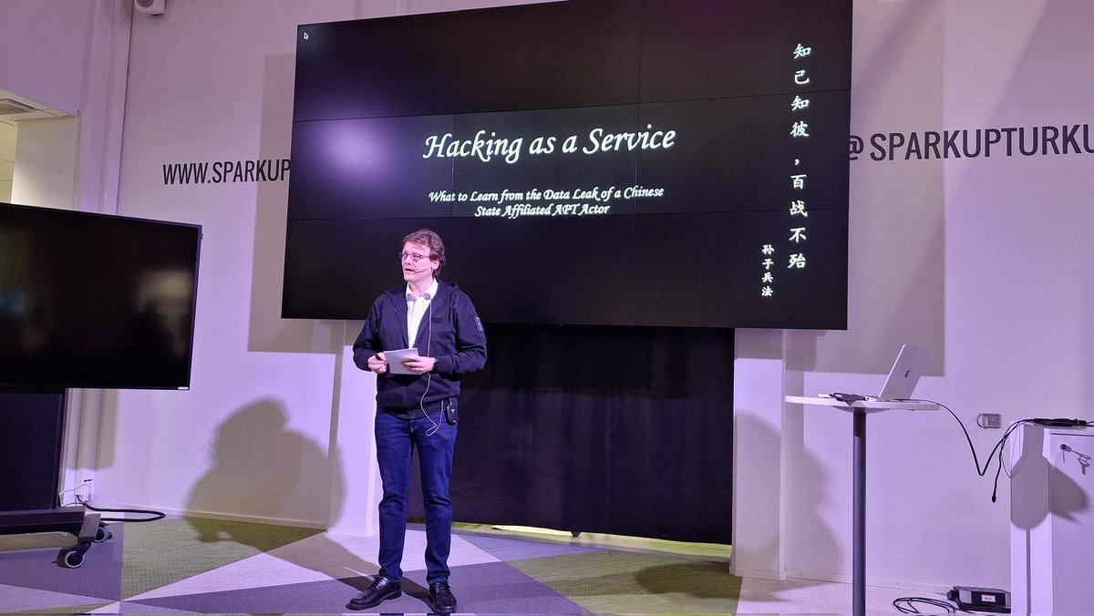 Our second speaker, Petteri Nakamura, is on stage with the 'Hacking as a Service. What to Learn from the Data Leak of a Chinese State Affiliated APT Actor' talk #TurkuSec #isoon #leak