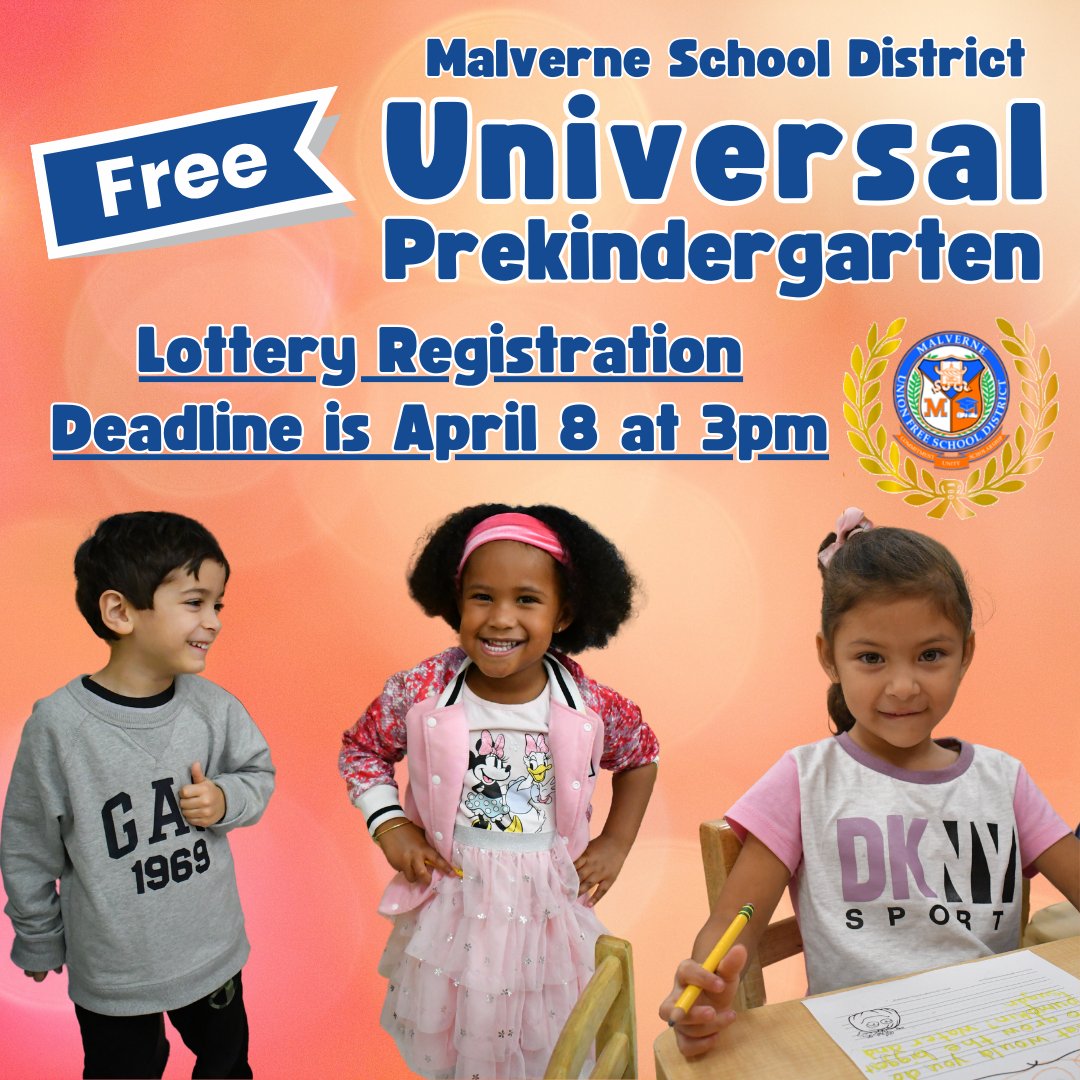 Malverne is proud to partner with Tutor Time of East Rockaway for a free UPK program that is preparing our 4-year-olds for kindergarten. Deadline to apply for the lottery is Mon 4/8 at 3pm. Click here for info & to sign up: malverneschools.org/parents/univer… #ExcellenceOnPurpose