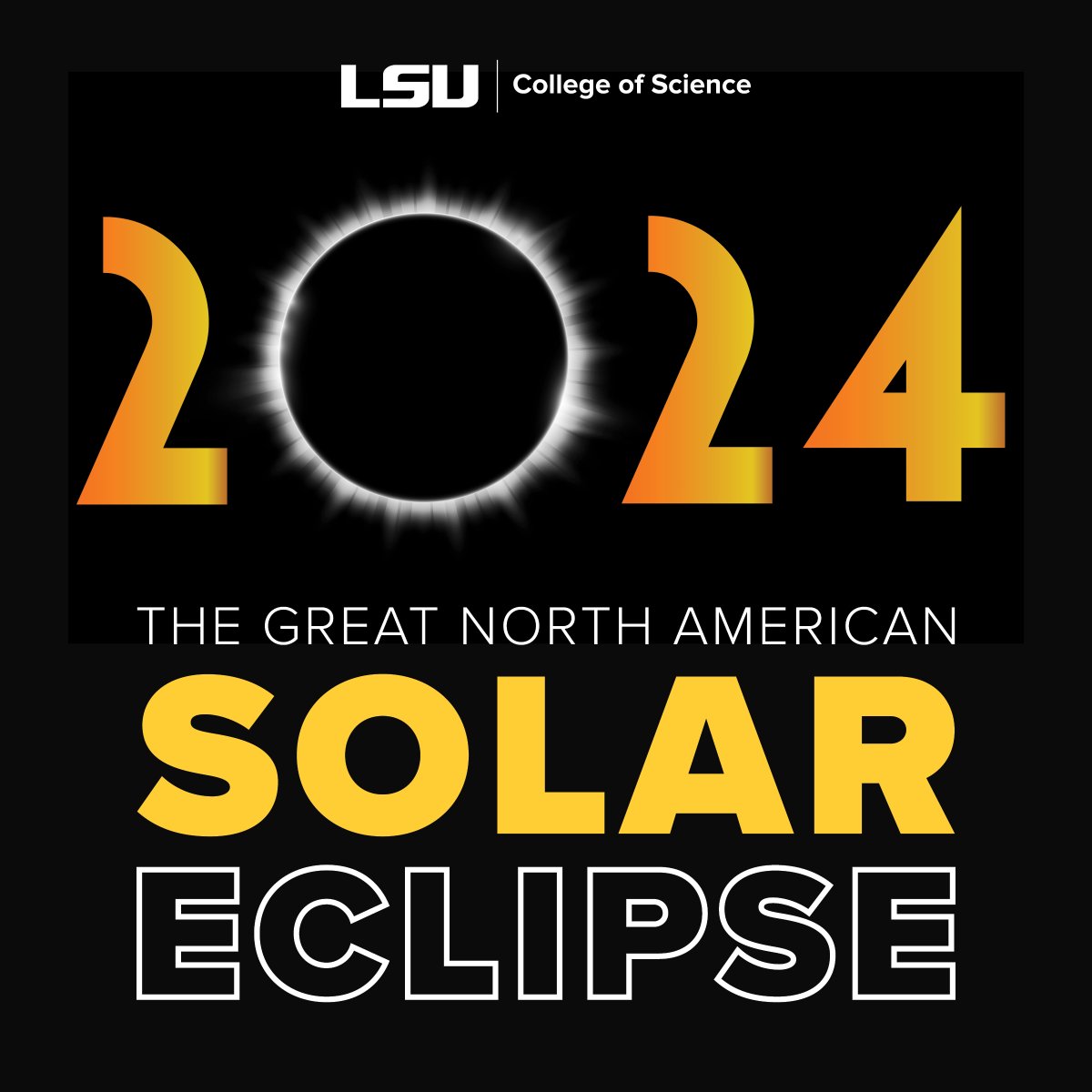 Date: Monday, April 8 Time: 12:30 – 2:30 p.m. Location: LSU Parade Grounds What to Bring: Yourself, your friends, and eclipse glasses if you have them (we'll have a limited supply on hand, but it's first-come, first-served!) We'll have some snacks and water to keep us fueled!