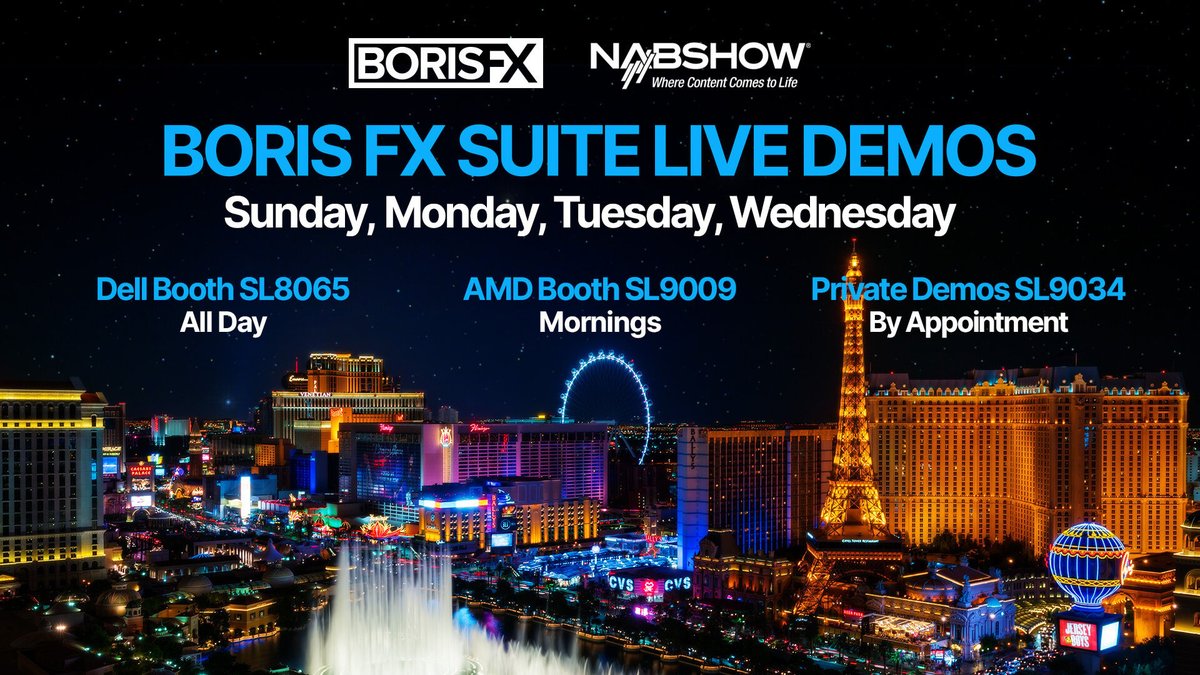 Headed to #NABShow? So are we! 😎 

Meet our team, book a one-on-one demo, or swing by our partner booths to see the newest creative tools in the Boris FX Suite.

📆 April 14-17, 2024
📍Las Vegas Convention Center, NV

➡️ bit.ly/3PSHGbP

#VFX #NAB #videoediting #borisfx