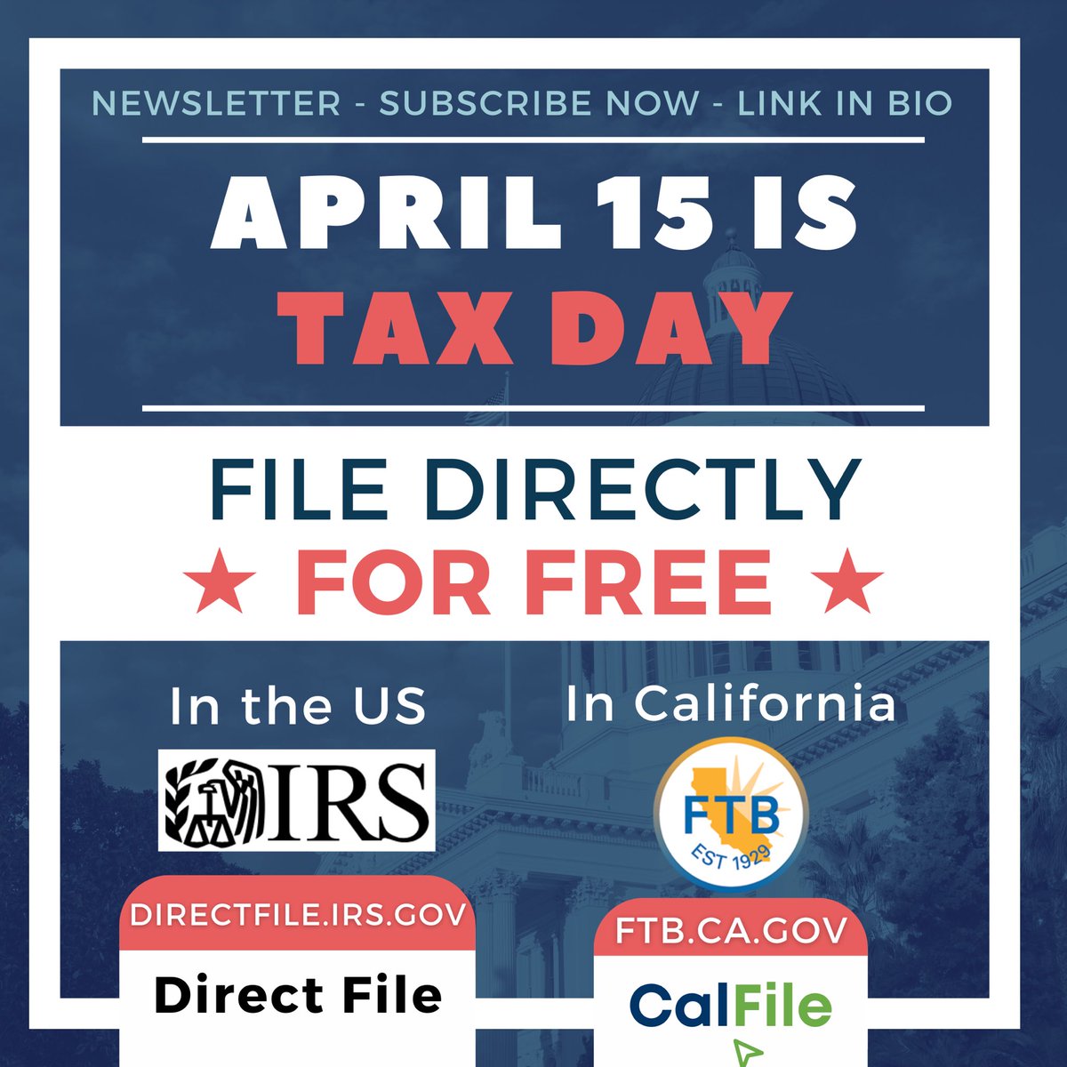Tax Day is April 15! Thanks to nation-wide community advocacy and the Inflation Reduction Act, many California residents can now file taxes for free directly with the @irsnews and @calftb. Follow the links above to see if you qualify for the new direct file services!