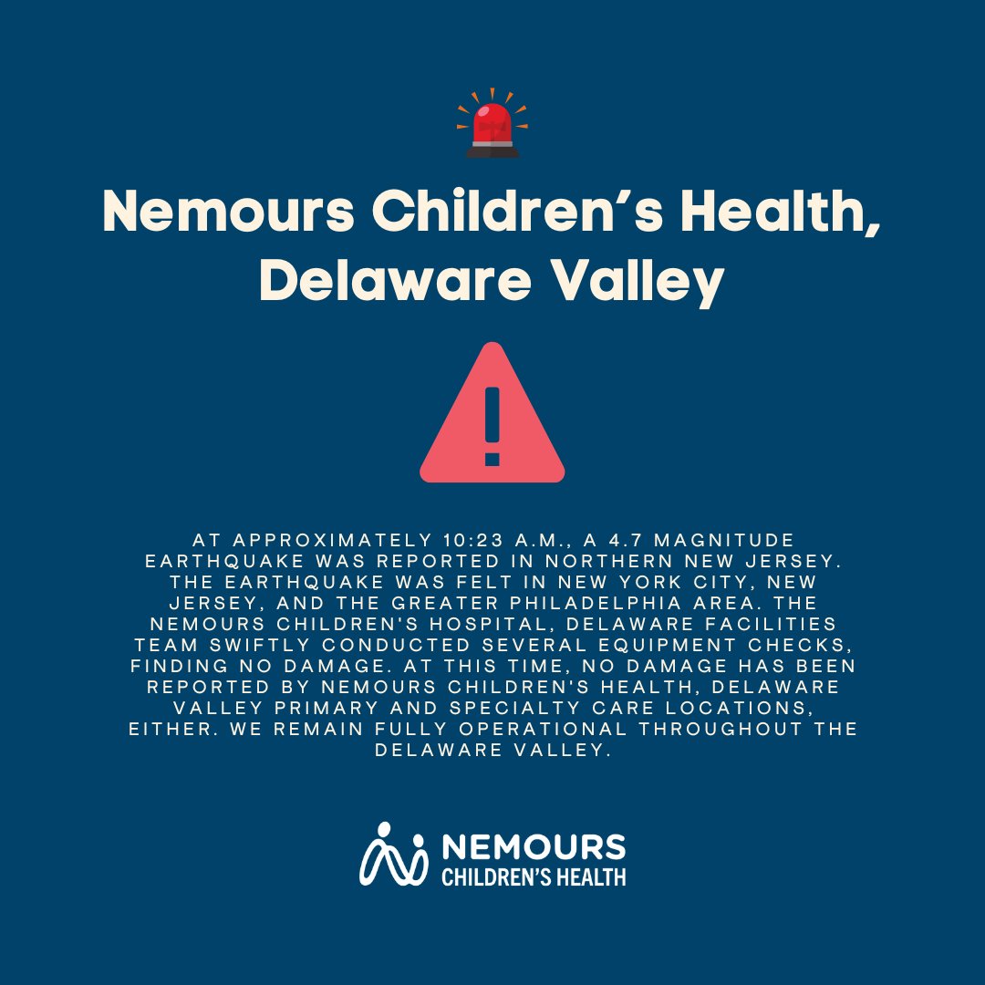 Important Update from Nemours Children's Health, Delaware Valley. 🚨 For information on how to speak to your children about natural disasters, visit KidsHealth.org: bit.ly/43Lc4dS #Earthquake #NaturalDisaster #KidsHealth