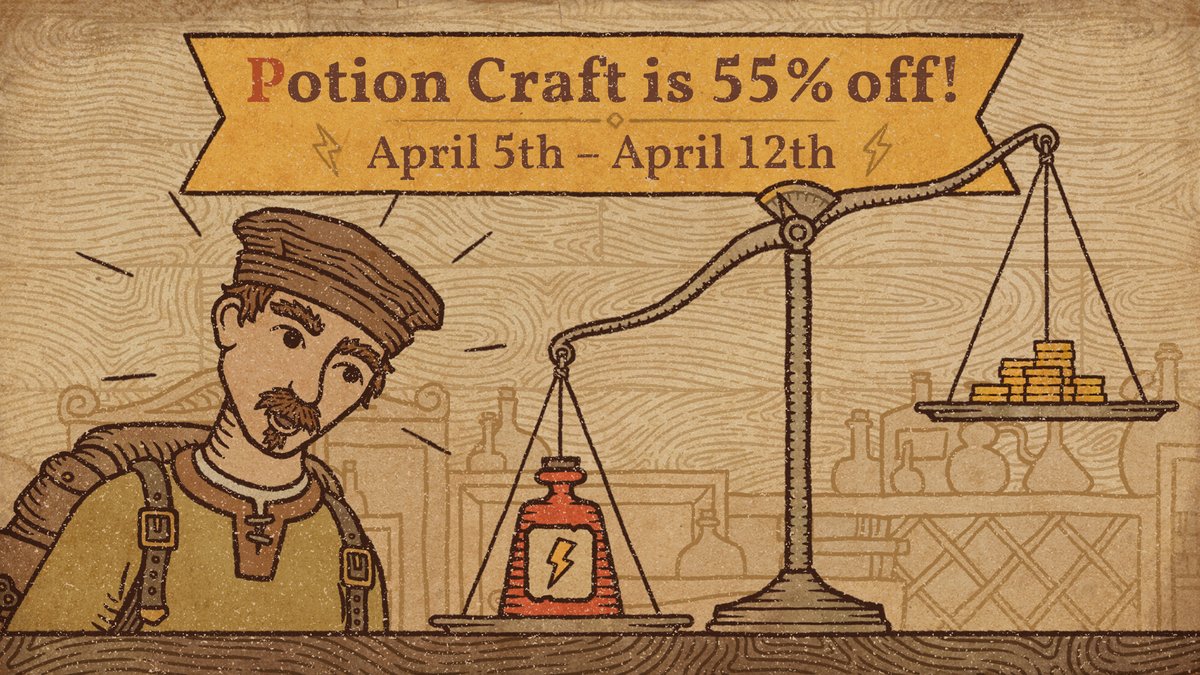#PotionCraft is 55% off on #Steam until April 12th! Interact with various tools and ingredients to craft unique potions for your customers, then customize your potion bottles and labels to add a personal touch to your creations! Start brewing now: store.steampowered.com/app/1210320/Po…