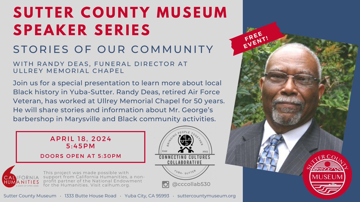 CA_Humanities's tweet image. YUBA CITY—Join the Sutter County Museum on April 18 for a special presentation on Mr. George’s barbershop in Marysville, part of their upcoming exhibit on Black history in Yuba-Sutter: calhum.org/event/yuba-cit… #HumanitiesforAll