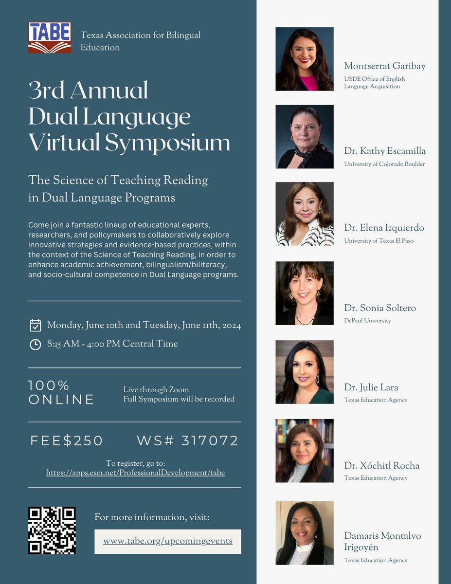 Save the date for TABE's 3rd Annual #DualLanguage Virtual Symposium! Join educators, researchers, and policymakers as we delve into 'The Science of Teaching Reading in Dual Language Programs.' For more information, visit tabe.org/upcomingevents #TABE2024