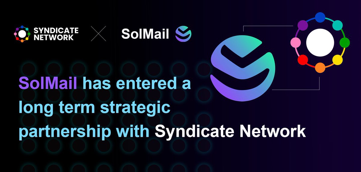 SolMailOfficial's tweet photo. We are thrilled to announce our long term strategic partnership with @SyndicateNTWRK

Syndicate is the largest Web3 news provider for Discord communities, reaching 1,200+ servers and thousands of active readers.

Together, we will shape the future of how content is distributed https://t.co/FkhoXcxaGW