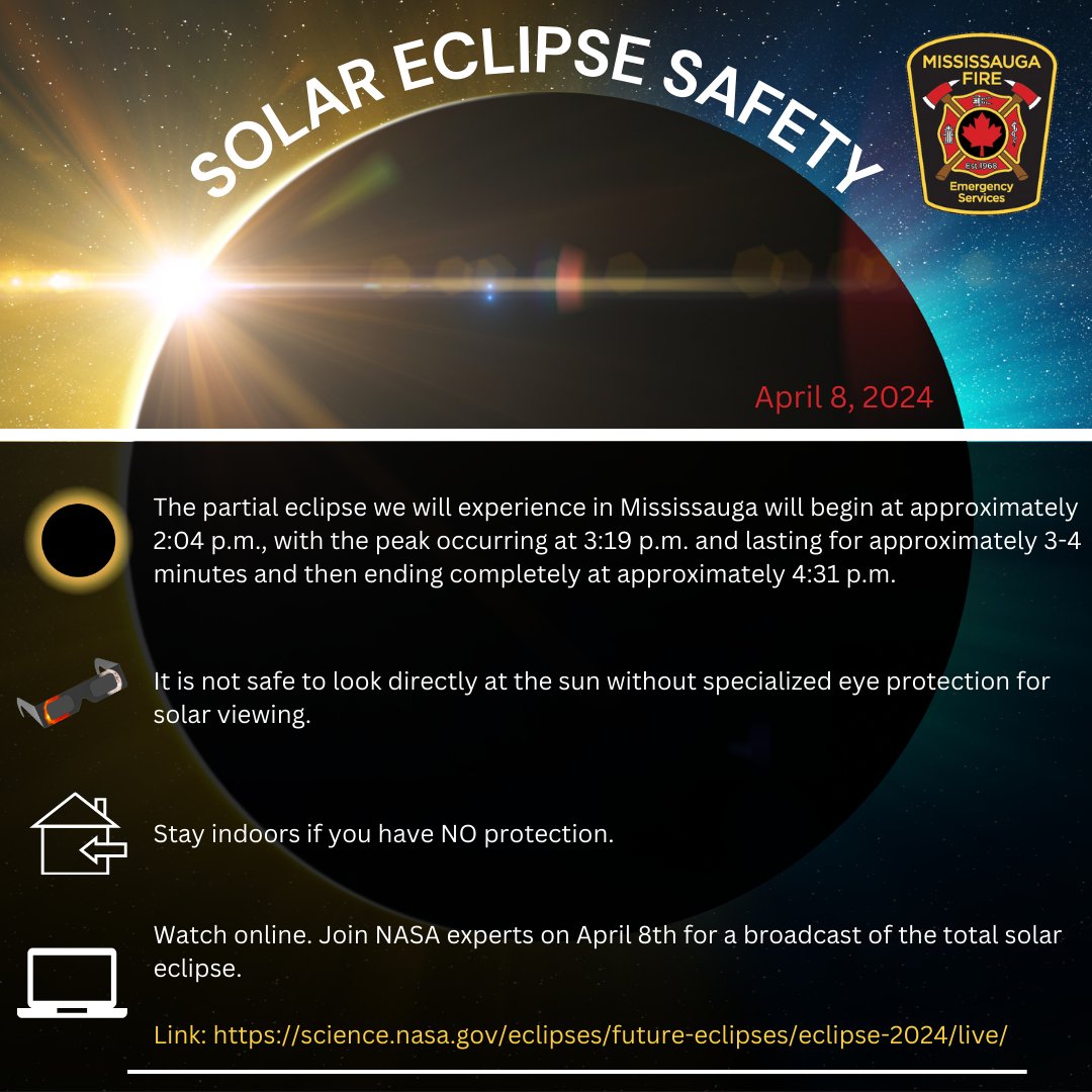 ⚠️ Stay safe during the solar eclipse on Monday, April 8, 2024!🌞 Remember to wear protective eyewear 👓 and avoid looking directly at the sun ☀️. Follow these tips for more. #eclipse #2024 #safetyfirst #Mississauga