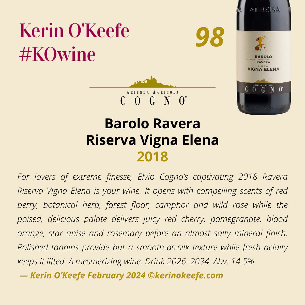 Thank you so much @KerinOKeefe for this beautiful review of our Barolo Ravera Riserva Vigna Elena 2018! 🙏 #elviocogno #kerinokeefe #winereview