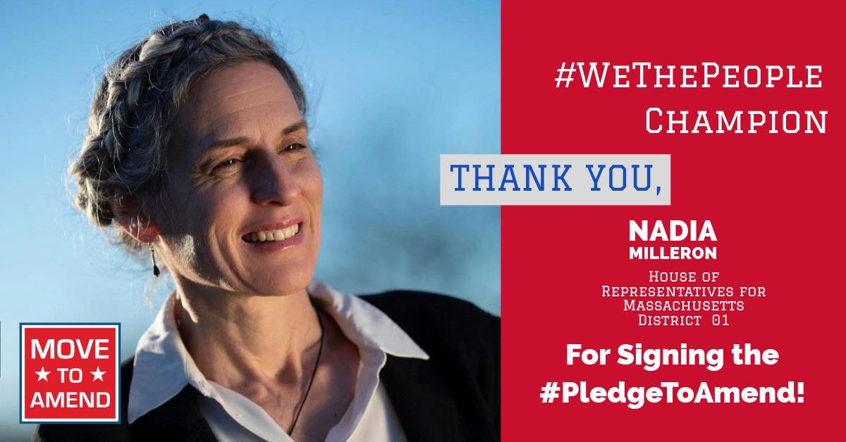 MoveToAmend's tweet photo. Woot-woot!
Nadia Milleron for Congress has taken the #PledgeToAmend!
Go thank @NadiaMilleronMA for being a #WeThePeopleChampion by pledging to support the #WeThePeopleAmendment! https://t.co/U5bXuJtMDW