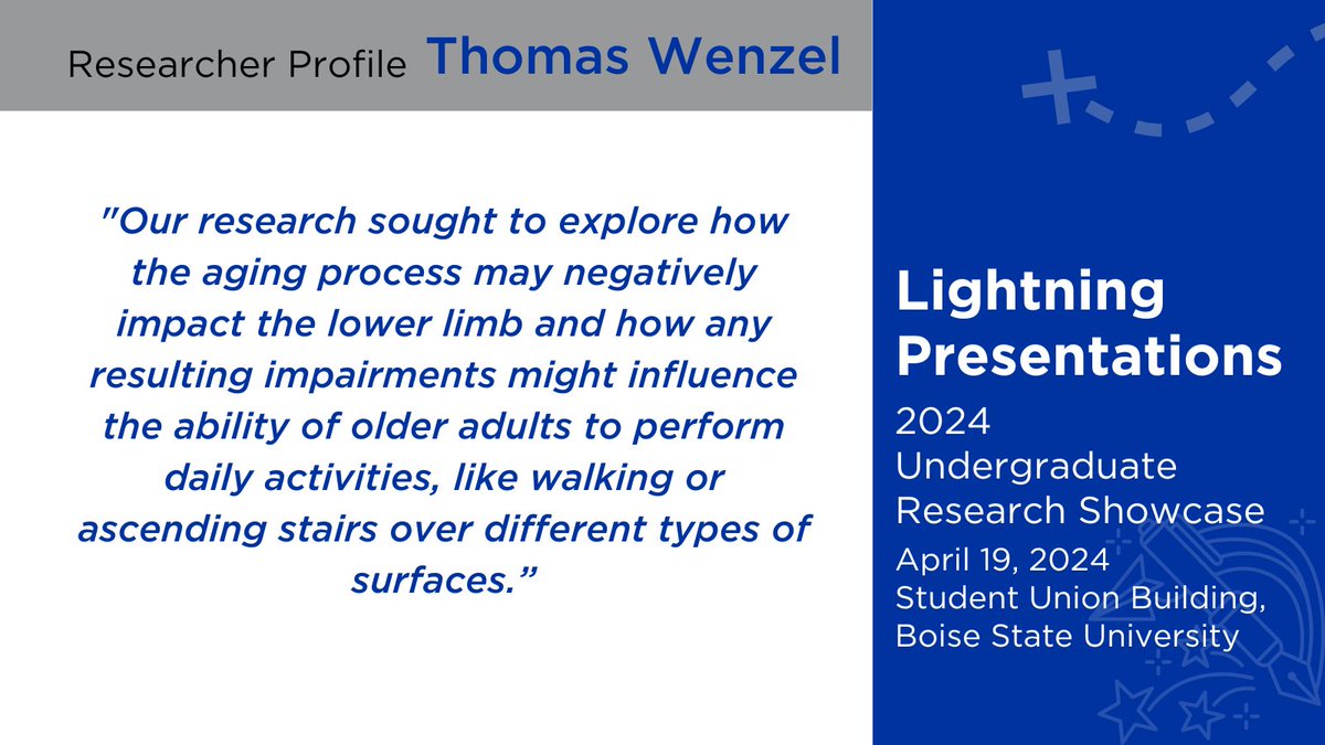 Thomas Wenzel is a kinesiology major from Salt Lake City, Utah. Hear his Lightning Talk at #URS2024

Undergraduate Research Showcase
April 19, 2024
Student Union Building
More info: bit.ly/URS2024

#urs2024 #boisestate #undergraduateresearch