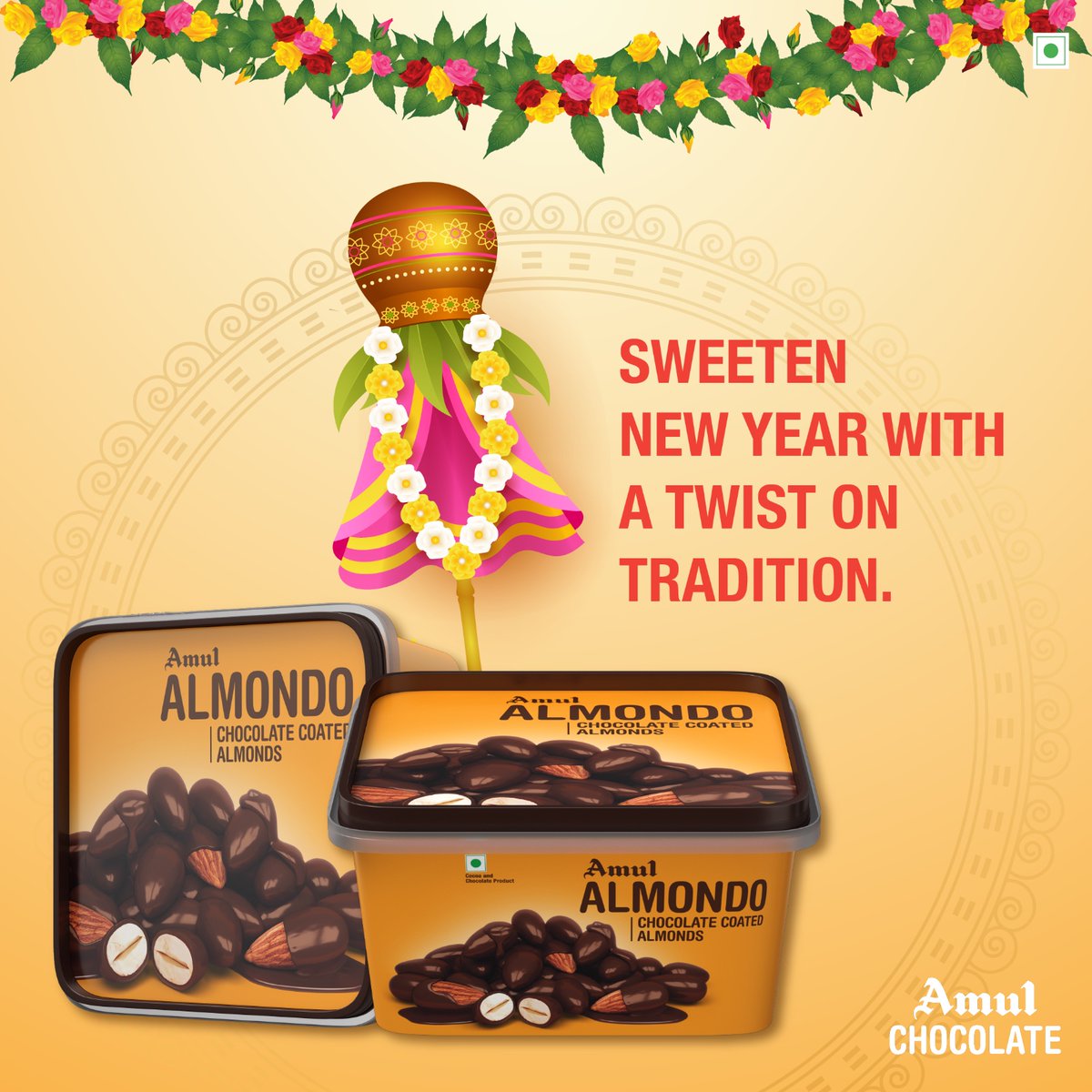 Make your Gudi Padwa sweeter with the irresistible nuttiness of Amul Almondo. Happy Gudi Padwa! #Amul #GudiPadwa #almond #realmilk #chocolate #crunchy #richtaste
