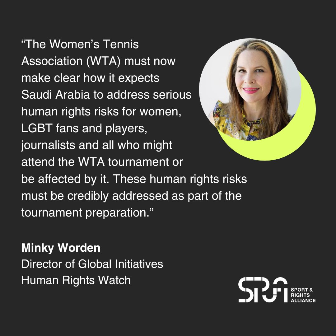 🚨 The Women's Tennis Association has confirmed @WTA Finals to be held in #SaudiArabia for the next 3 years. This despite major rights abuses—incl. imprisonment of women's fitness instructor Manahel al-Otaibi for tweeting in support of women's rights. 👉 reuters.com/sports/tennis/…