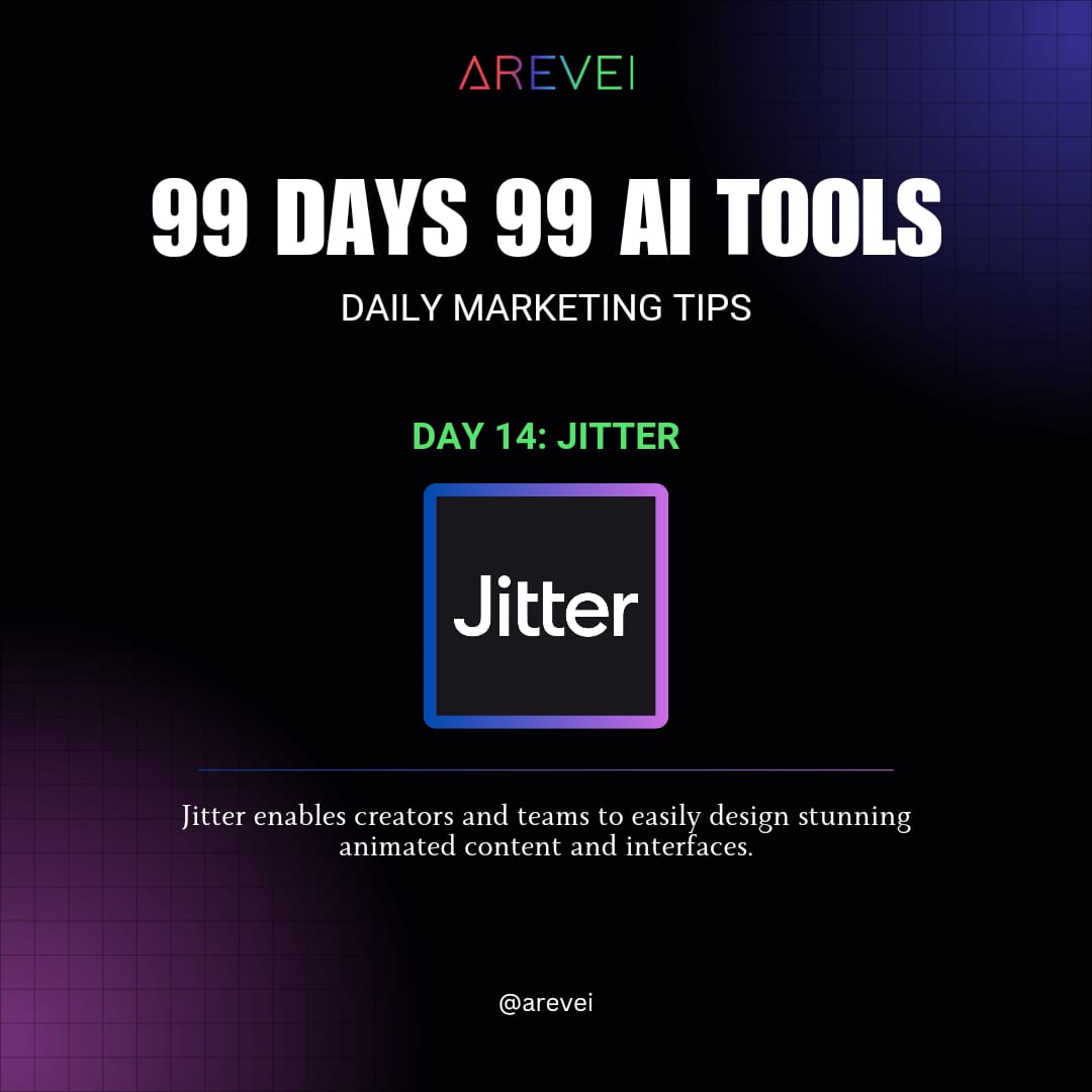 Daily AI Marketing Tips:- ➡️Day 14 :- @jittervideo Follow @areveiofficial for more. #jitter #AITools #Branding #Marketing #Logo #video #Logodesigner #GraphicDesign #ContentCreator #digitalagency #DigitalMarketing #socialmedia #Arevei