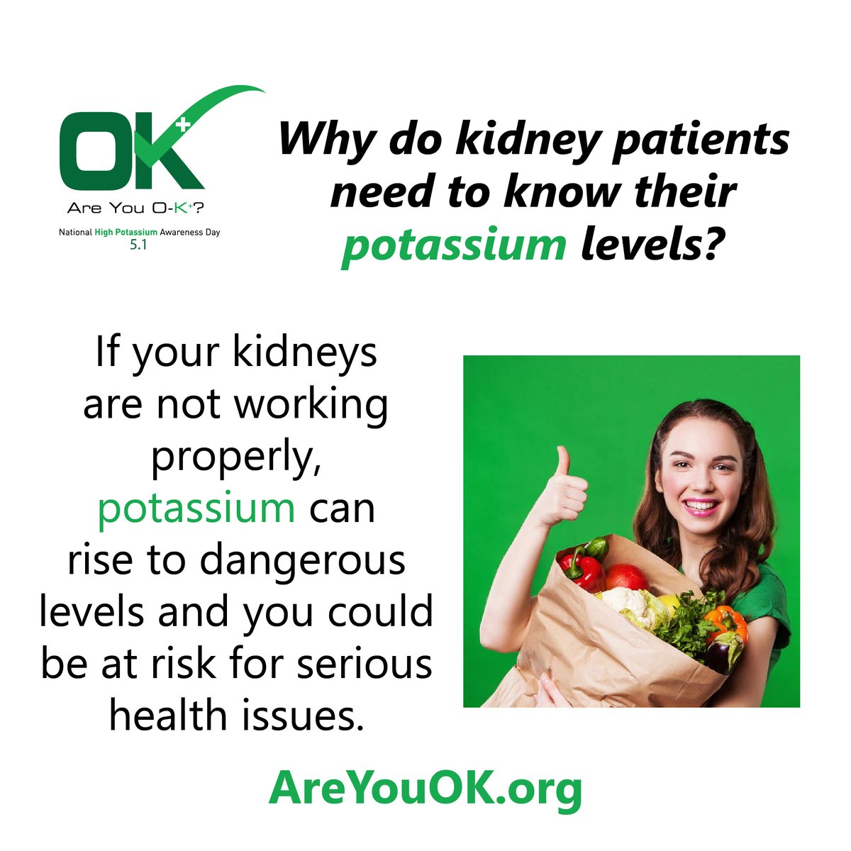 Learn about the importance of potassium management leading up to 5.1 (May 1), National High Potassium Awareness Day! FREE educational resources are available: AreYouOK.org

#AreYouOk5Point1 #kidneypatients #potassium #hyperkalemia #kidneydiet
@kidneypatients