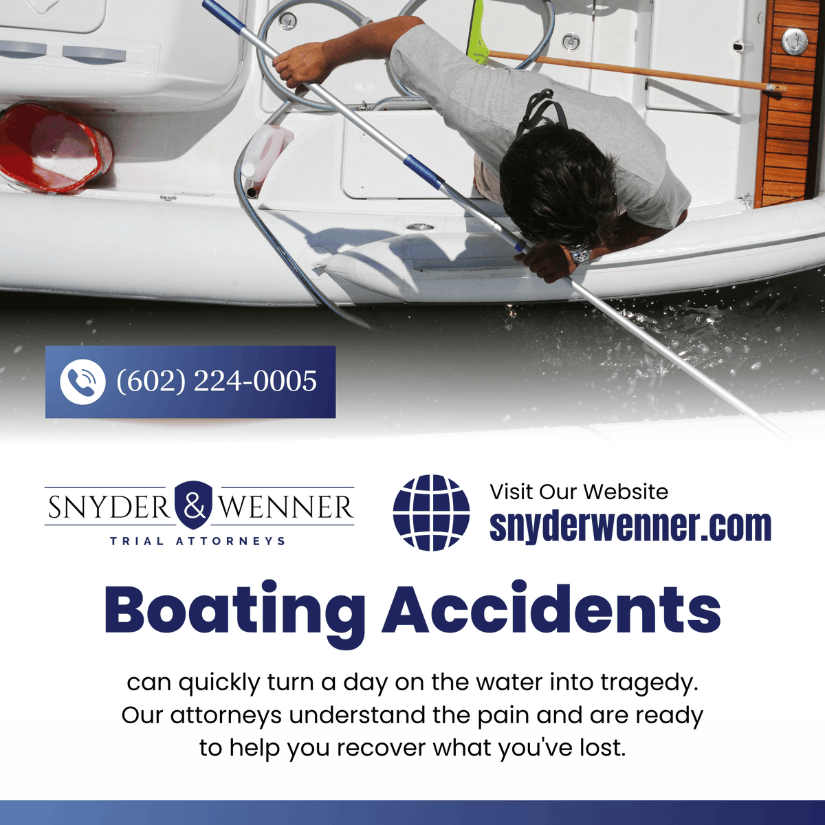 Boating accidents can quickly turn a day on the water into tragedy. Our attorneys understand the pain and are ready to help you recover what you've lost. 🚤💔 #BoatingAccidents #SnyderWennerLaw #JusticeForYou Discover how at snyderwenner.com.