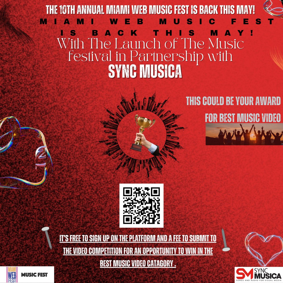 🌟 🏆Win the Best Music Video Award at the iconic Fillmore in Miami Beach! 🎥
Sync Musica as we now partners with Miami Web Music Fest, happening May 2-5, 2024. 🎶🎉 
Scan QR Code 
 #IndependentArtist #MiamiWebMusicFest #SyncMusica #MusicVideoCompetition #Syncplacement